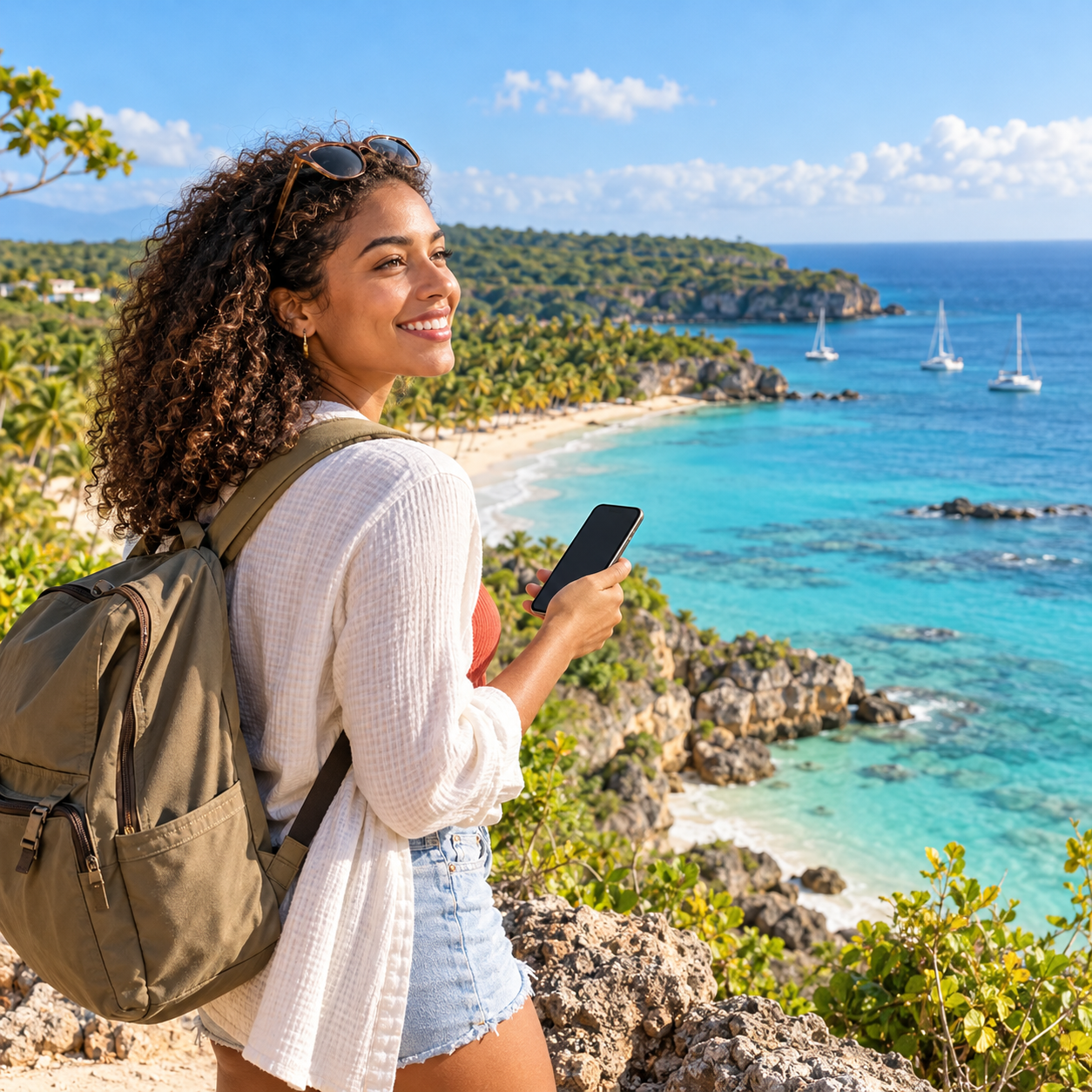 Traveler looking over a Caribbean coast